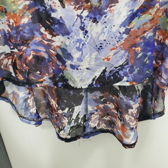 Bar III Women's Blue Multi Abstract Cold Shoulder Sheer Asymmetrical Hem Top M - Picture 3 of 5